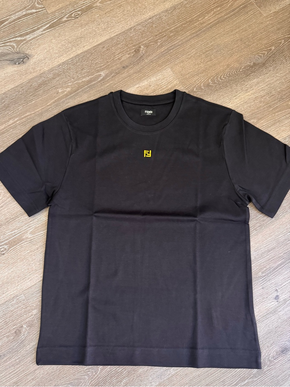 Fendi Black Short Sleeve Crewneck Tee with Small Yellow FF Logo